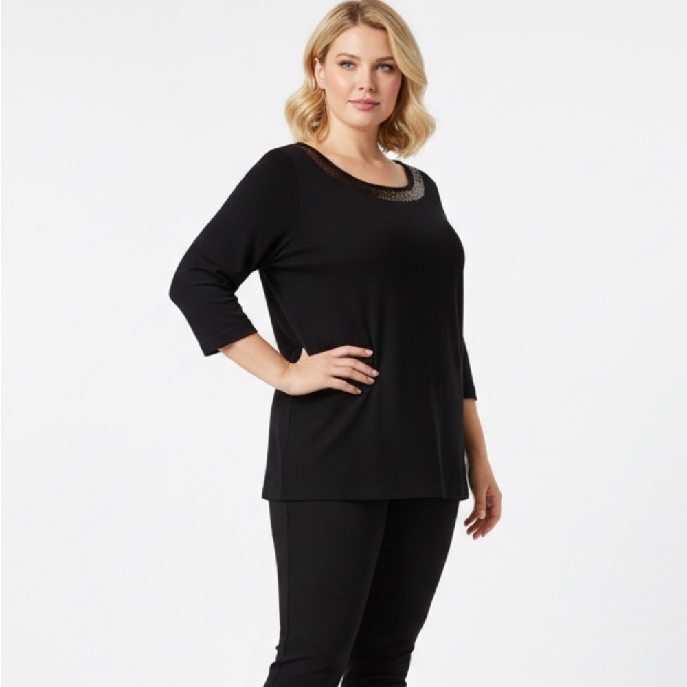 Quacker Factory Sweater‎ Womens 3X  Black Sequined Crew Neck Elegant Sparkle